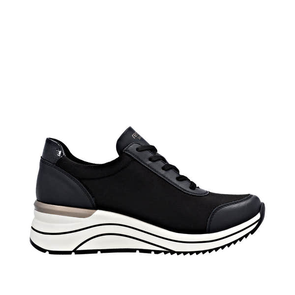 Black vegan women's wide-fit zip and lace-up sneakers with a chunky white and black sole.
