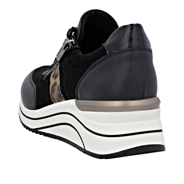 Remonte D0T09-04 women's wide black vegan slip-on shoes with lace and zip, leopard print detail, chunky white and black platform sole.