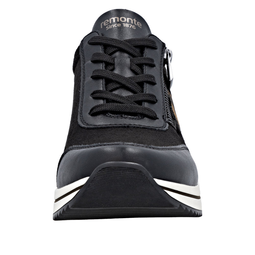 Remonte D0T09-04 women's wide black vegan sneakers with zip and lace closure, featuring a sleek design and sporty sole.