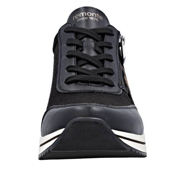 Remonte D0T09-04 women's wide black vegan sneakers with zip and lace closure, featuring a sleek design and sporty sole.