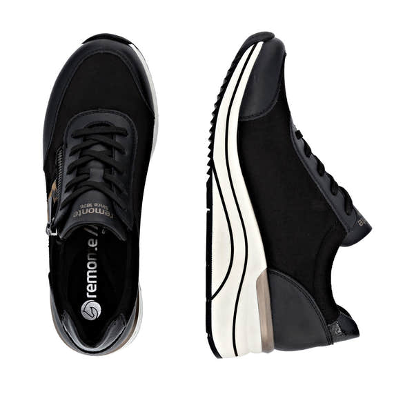 Remonte D0T09-04 ladies wide black vegan lace-up sneakers with zipper, sporty design, and chunky white sole.