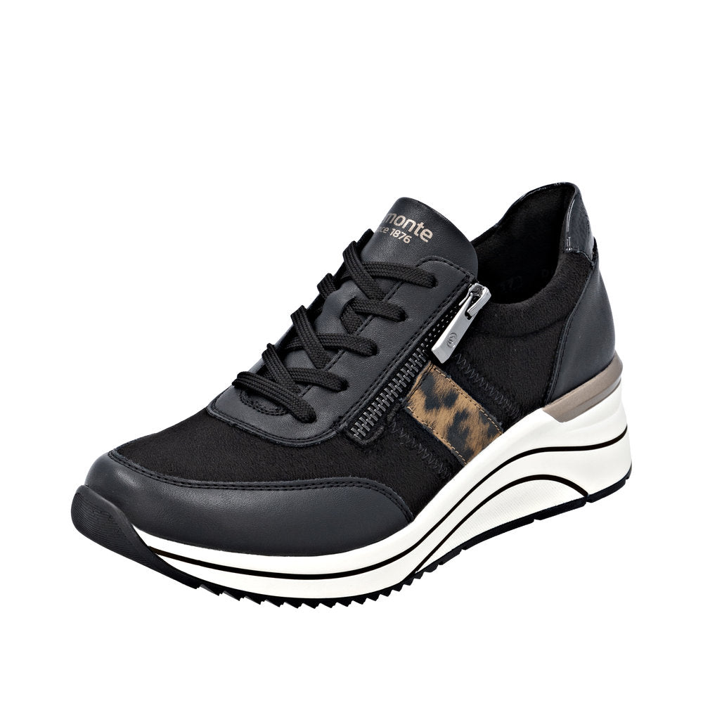 Remonte women's wide fit black vegan lace-up sneaker with side zipper and leopard-print detail on the sole.