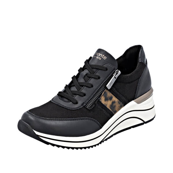 Remonte women's wide fit black vegan lace-up sneaker with side zipper and leopard-print detail on the sole.