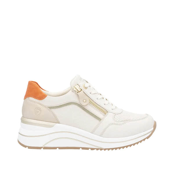 Remonte D0T10-80 women's wide-fit trainers with lace-up, side zip, and multi-zip design, in white with tan detail and chunky sole.