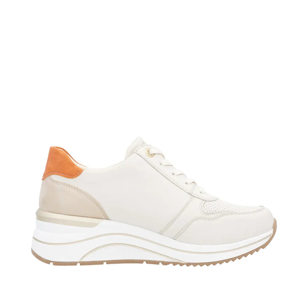Remonte D0T10-80 women's wide fit sneakers with lace-up front, multi-zip design, beige and orange accents, and chunky sole.