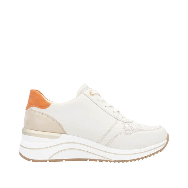Remonte D0T10-80 women's wide fit sneakers with lace-up front, multi-zip design, beige and orange accents, and chunky sole.