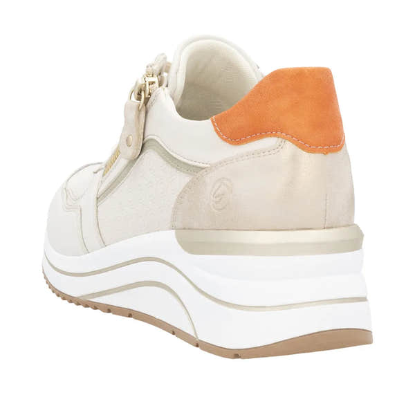 Remonte D0T10-80 women's wide-fit lace-up trainers with multi-zip design, beige and orange suede accents, and chunky white sole.