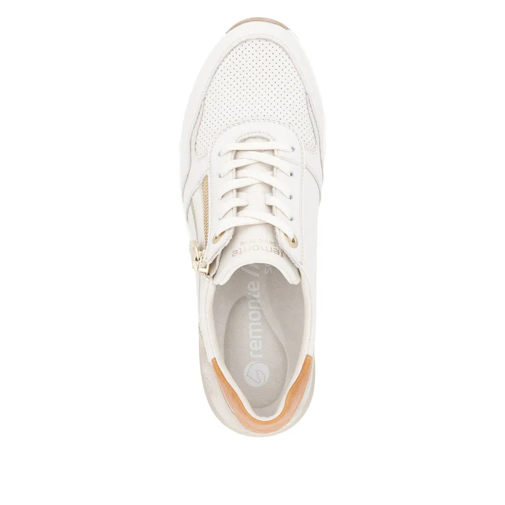 Remonte D0T10-80 ladies wide-fit lace-up trainers with multi zips, perforated detailing, and beige accents on white, cushioned insole.