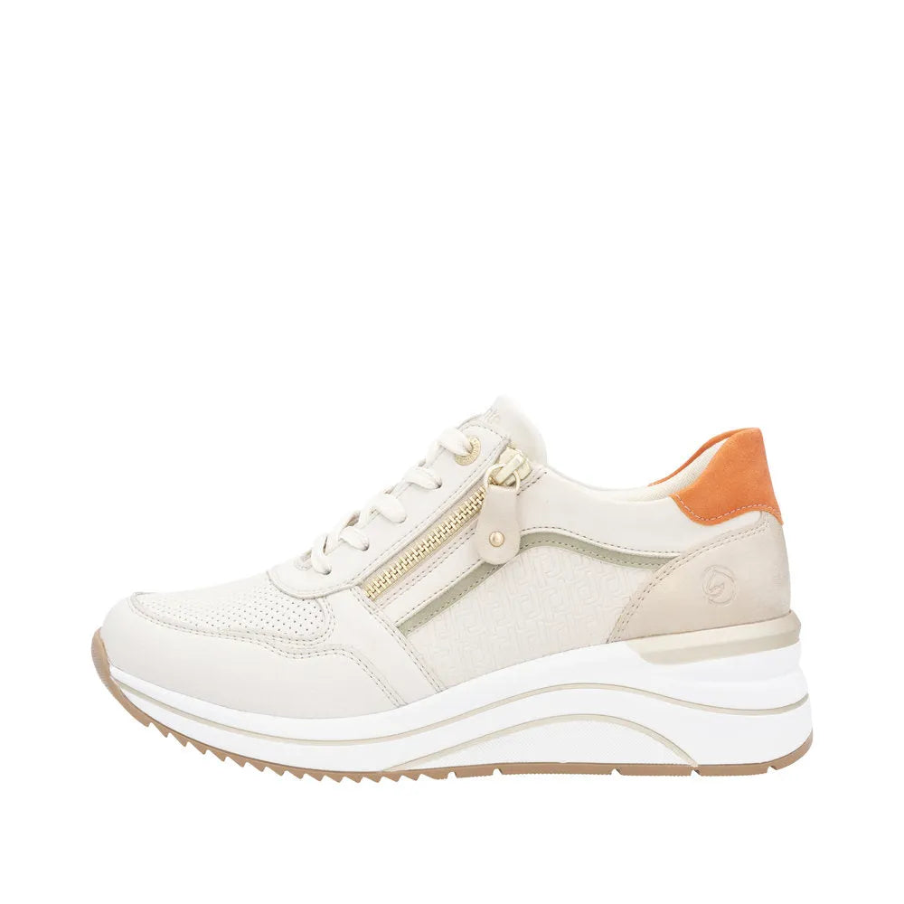 Remonte D0T10-80 women's stylish wide-fit trainers with lace-up, side zipper, and beige and orange accents.
