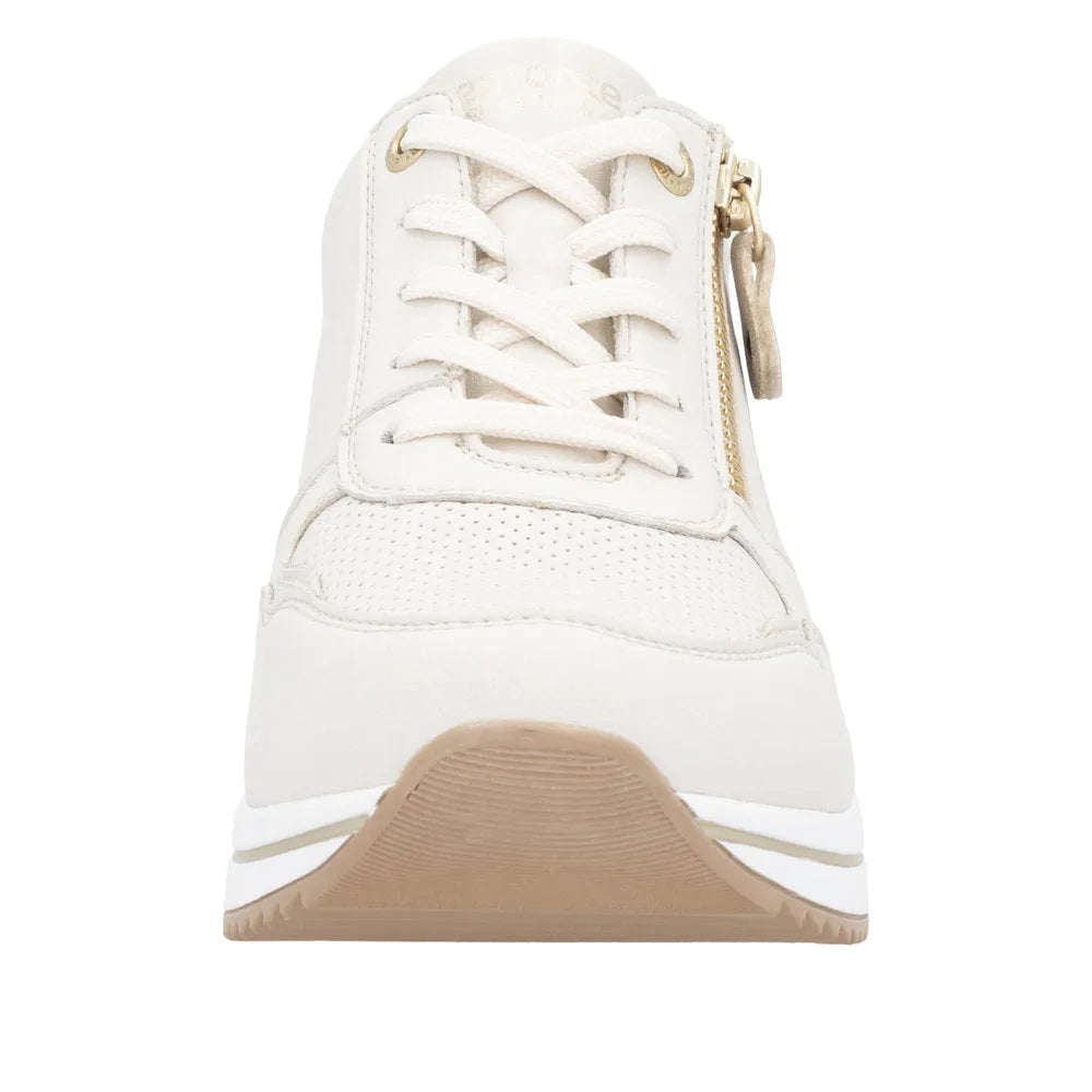 Remonte D0T10-80 women's wide-fit trainers with multi-zip and lace-up design, white color, and beige sole detail.
