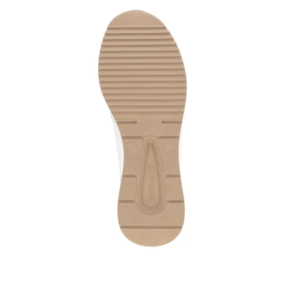 Remonte D0T10-80 women's wide fit trainers with multi zip and lace design, beige color, rubber sole, and casual sporty style.