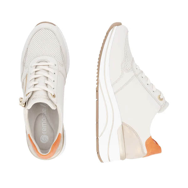 Remonte D0T10-80 women's wide-fit sneakers with multi-zip and lace closure, beige and white colors, and orange accent heel.