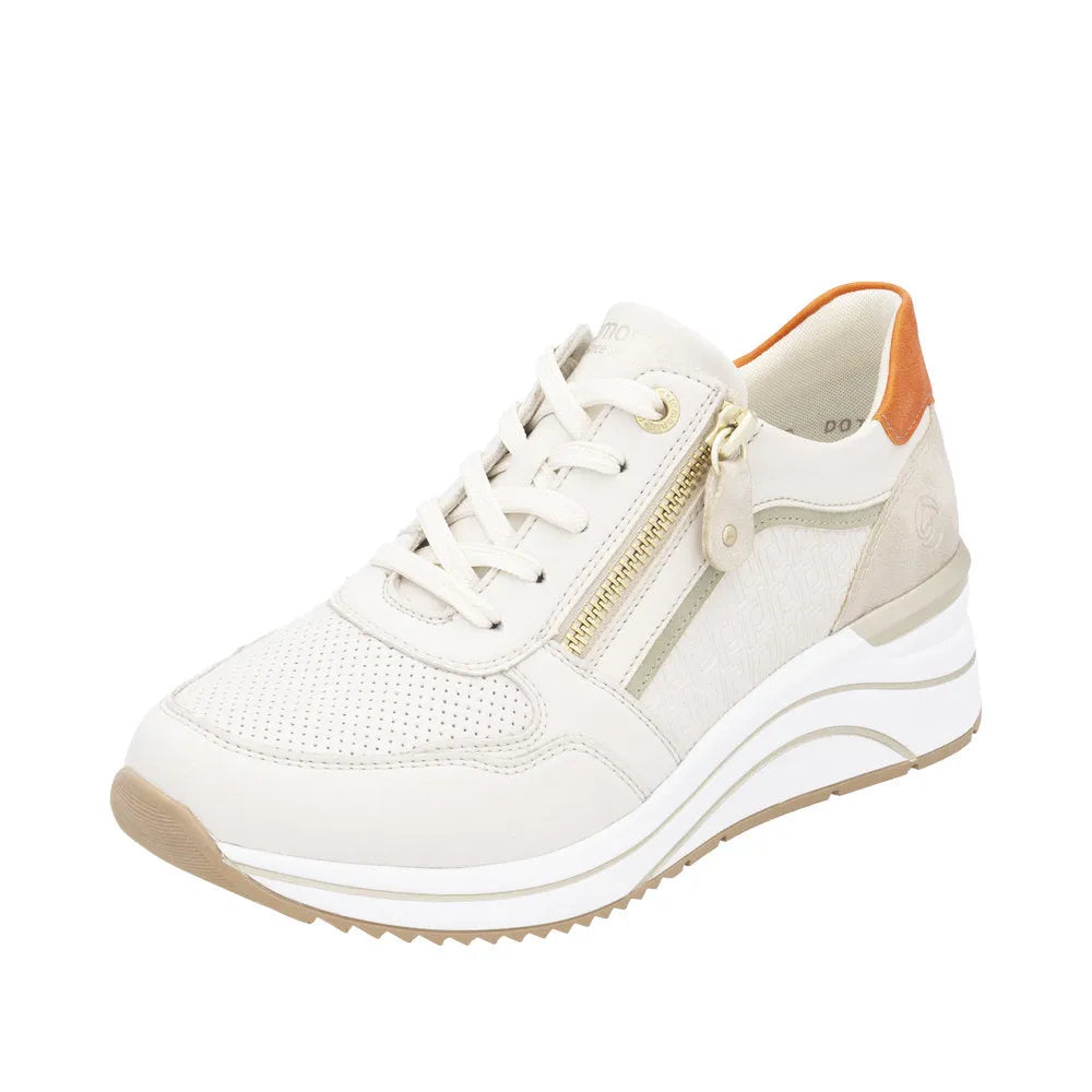 Remonte D0T10-80 women's wide-fit trainers with lace-up design, side zipper, cushioned sole, white and beige color, stylish comfort footwear.