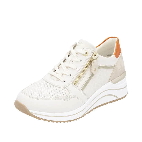 Remonte D0T10-80 women's wide-fit trainers with lace-up design, side zipper, cushioned sole, white and beige color, stylish comfort footwear.