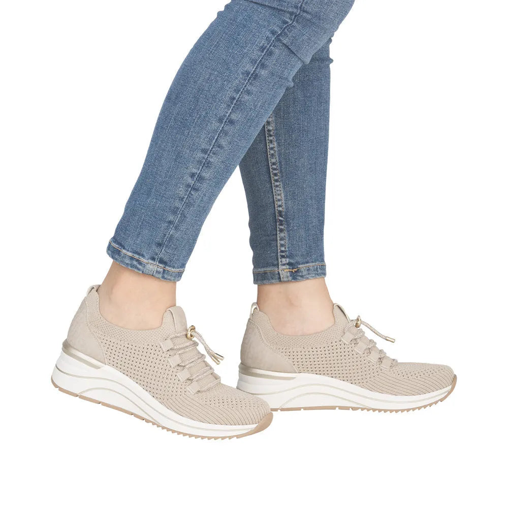Remonte Ladies Beige Textile Elasticated Trainers with wide fit and chunky white soles, ideal for casual wear.