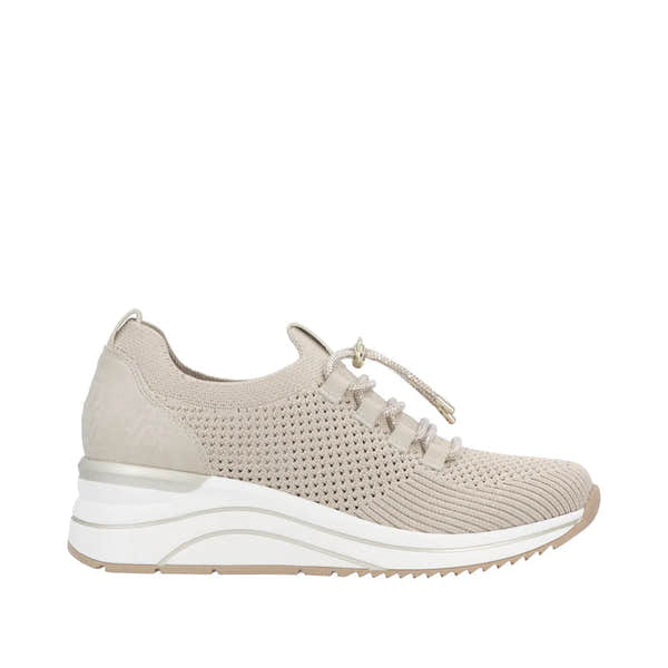Remonte D0T18-60 beige women's wide-fit knitted textile trainers with elastic laces and cushioned sole.