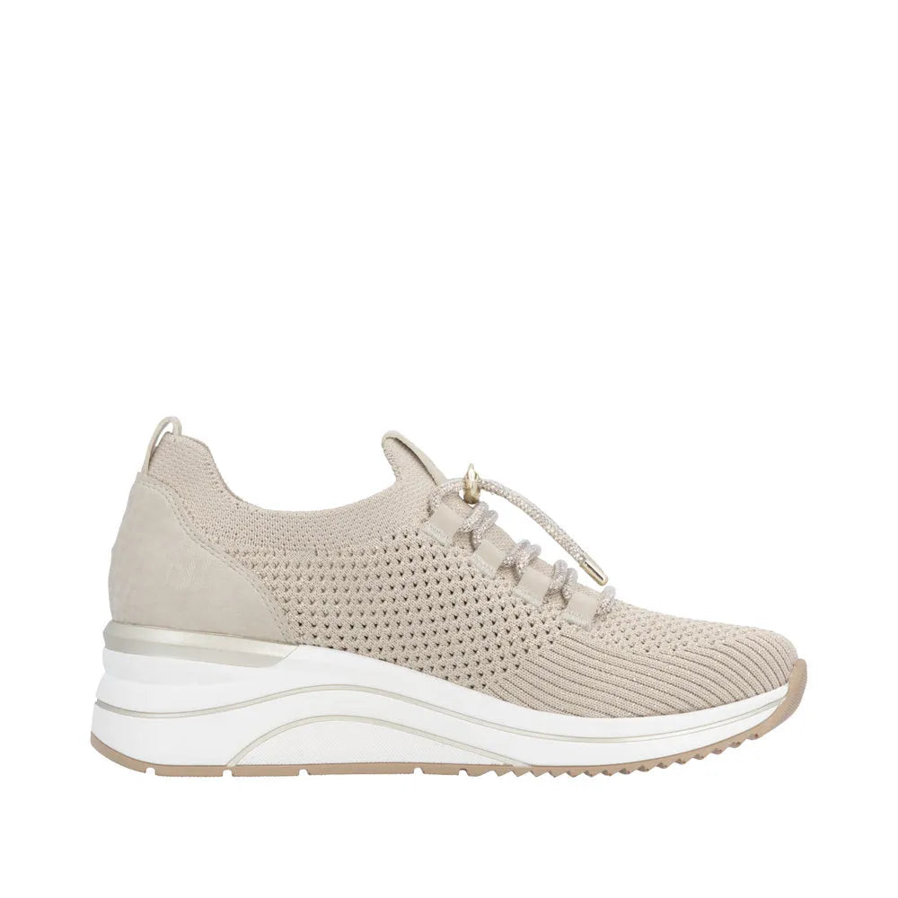 Remonte D0T18-60 ladies beige knitted textile wide-fit elasticated trainers, lightweight sporty walking shoes.