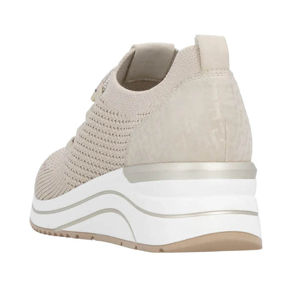 Remonte D0T18-60 women's beige textile elasticated trainers with chunky white wedge sole.