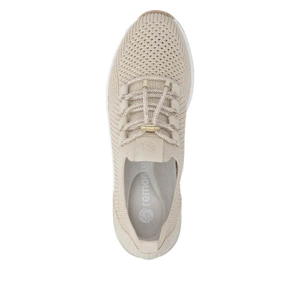 Remonte D0T18-60 beige women's wide textile elasticated trainers with lace-up closure and sporty design.