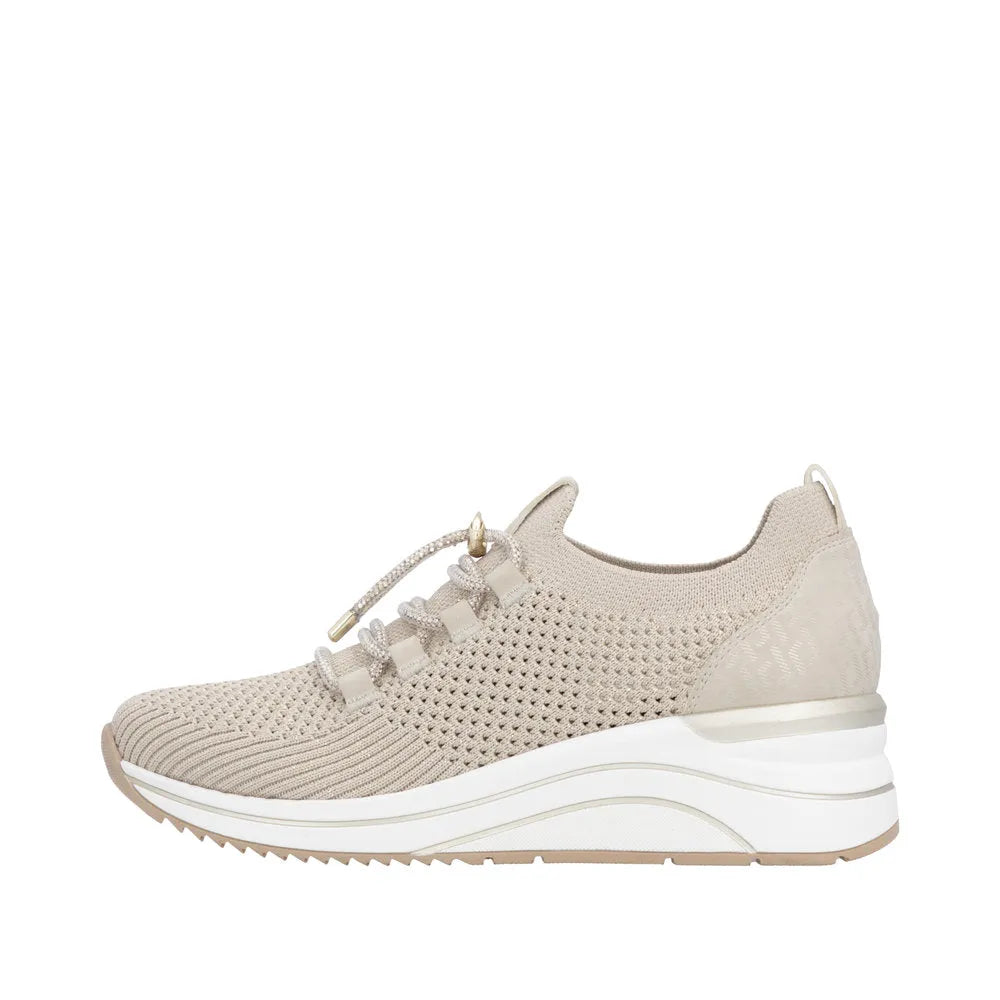 Remonte D0T18-60 women's wide beige textile elasticated trainers with cushioned sole and trendy design.