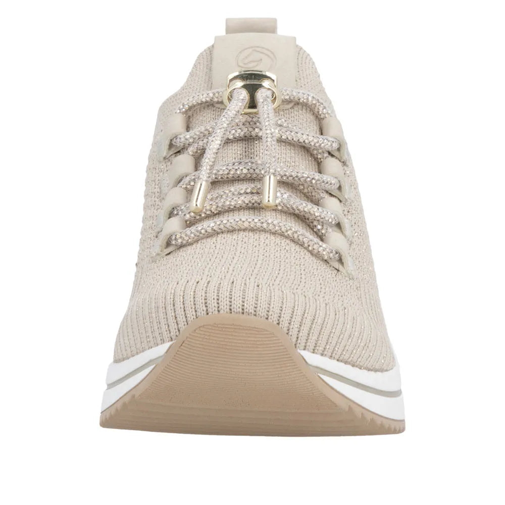 Remonte D0T18-60 beige women's wide-fit textile elasticated trainers with lace-up closure and cushioned sole.