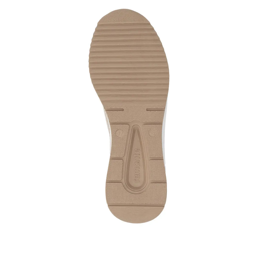 Remonte D0T18-60 beige women's wide textile elasticated trainers with textured sole and slip-on design.