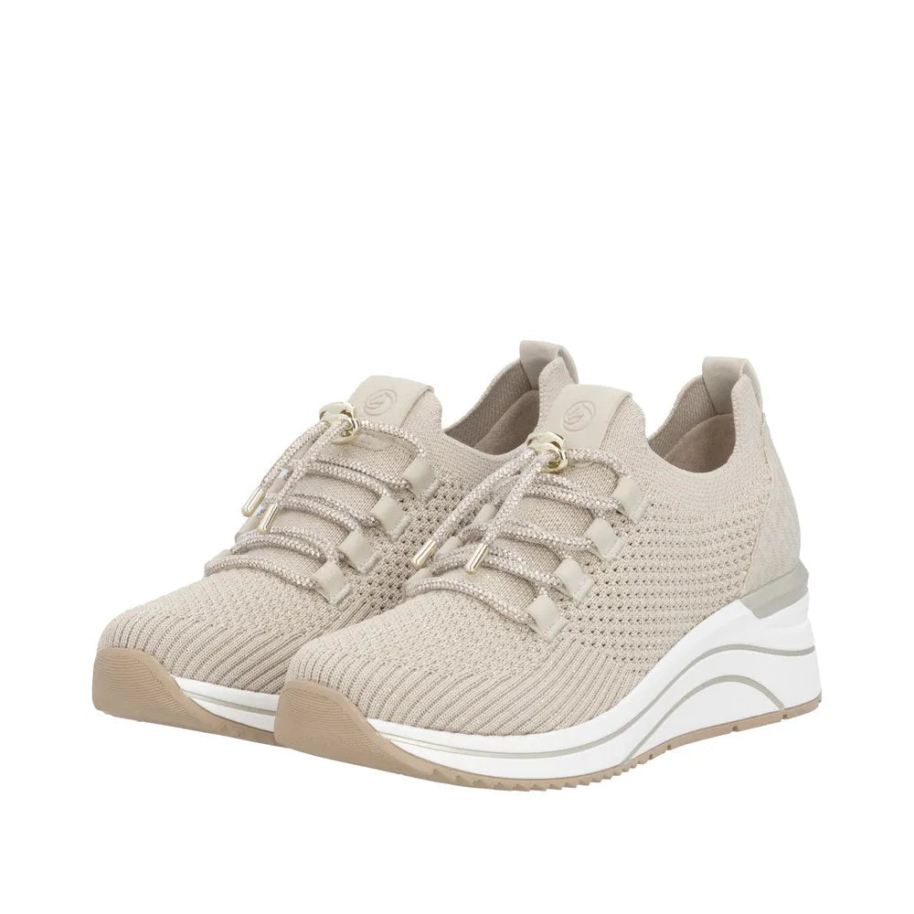 Remonte D0T18-60 women's beige textile elasticated trainers with chunky white sole and lace-up design.