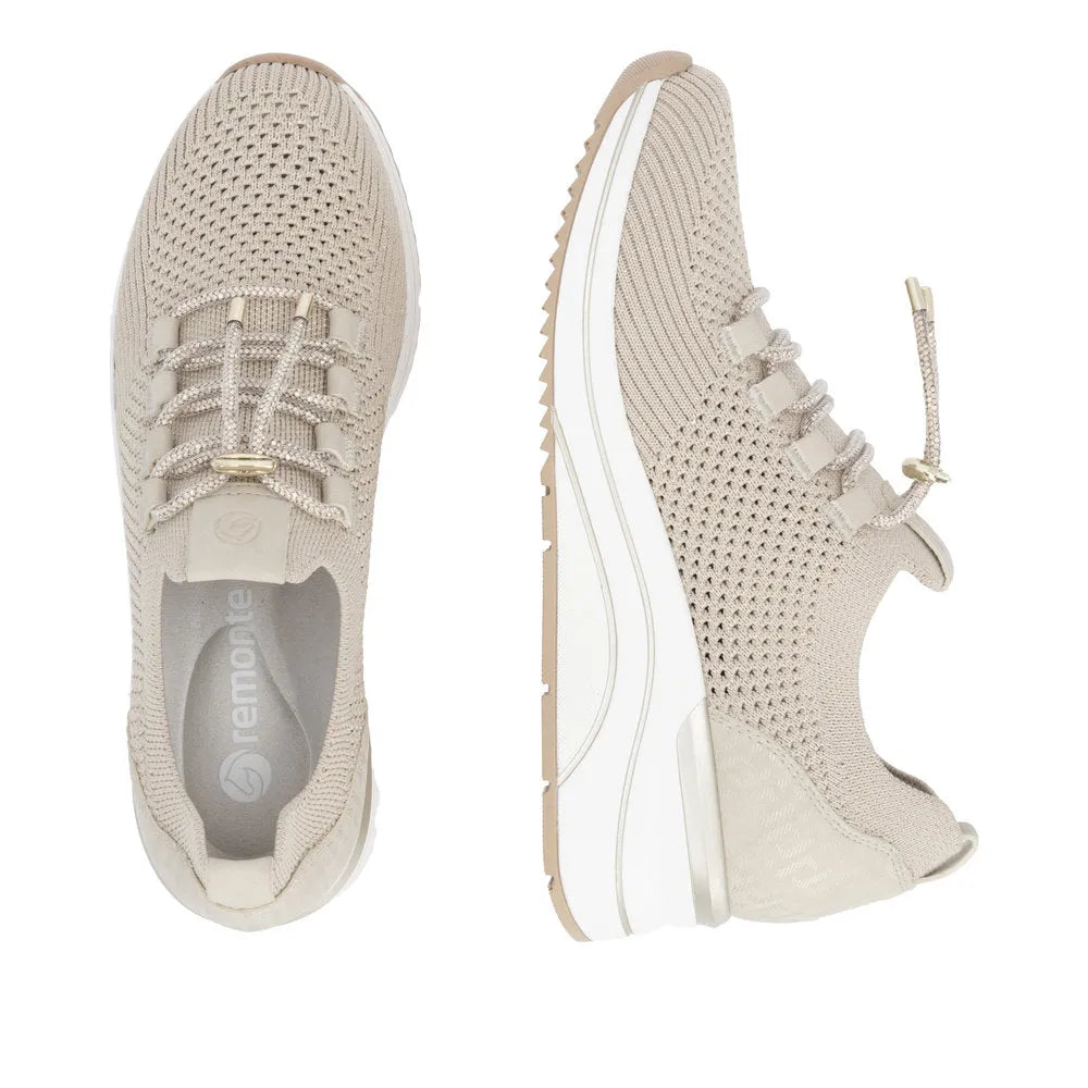 Remonte D0T18-60 women's beige textile elasticated trainers with breathable upper and cushioned sole.