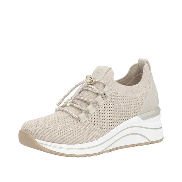 Remonte D0T18-60 women's wide beige textile elasticated trainers with cushioned sole and lace-up design.