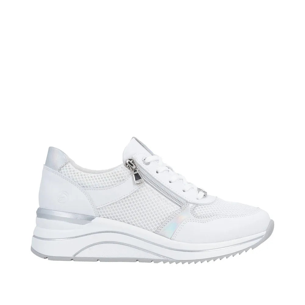 White leather trainers with lace and zip details, mesh panels, and a trendy wedge sole for stylish comfort.