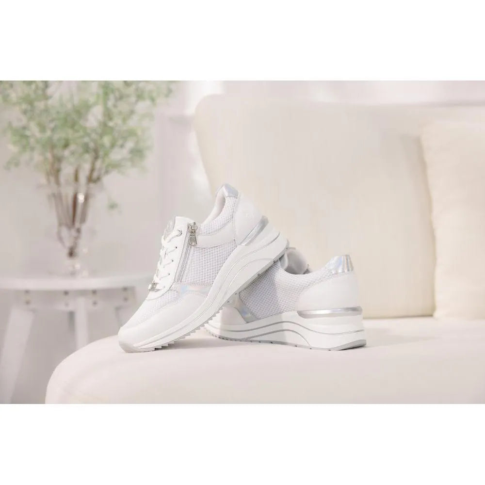 White leather trainers with zip and lace details, featuring a textured mesh design and metallic accents.