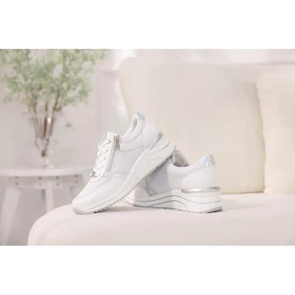 White leather trainers with zip and lace details, featuring a textured mesh design and metallic accents.