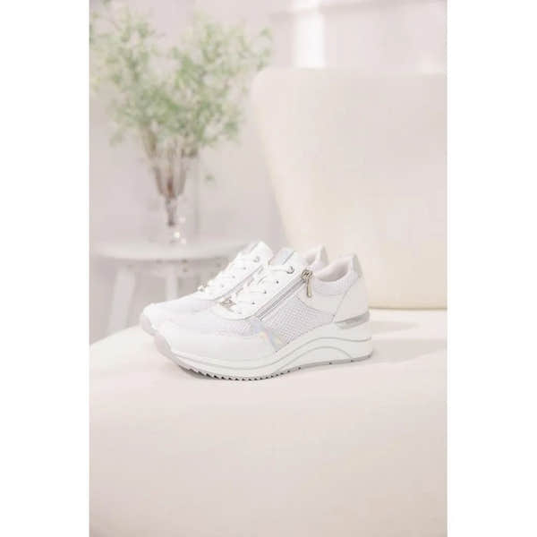 White leather trainers featuring a zip and lace design, with mesh detailing and a stylish chunky sole.