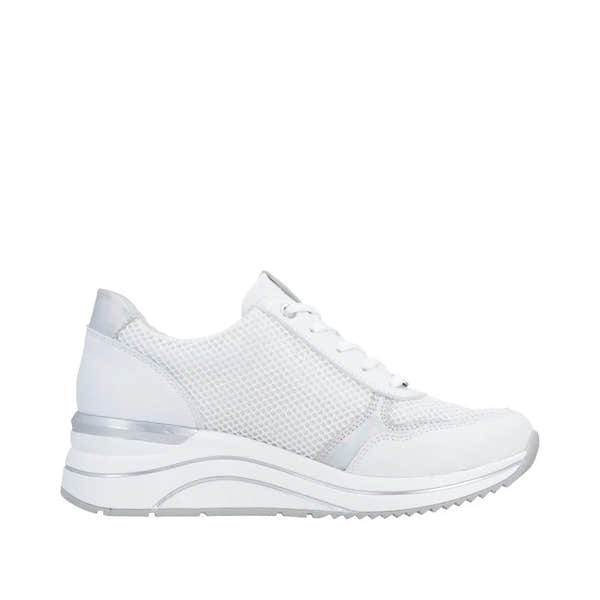White leather and mesh women's trainers with a lace-up and zip closure, chunky sole, and modern sporty style.