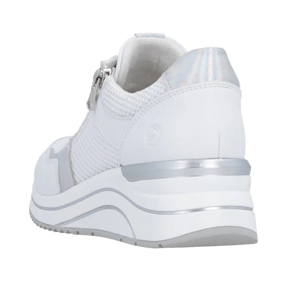 White leather trainers with mesh accents, silver trims, zip and lace closures, and a cushioned sole for comfort.