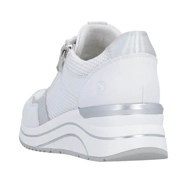 White leather trainers with mesh accents, silver trims, zip and lace closures, and a cushioned sole for comfort.