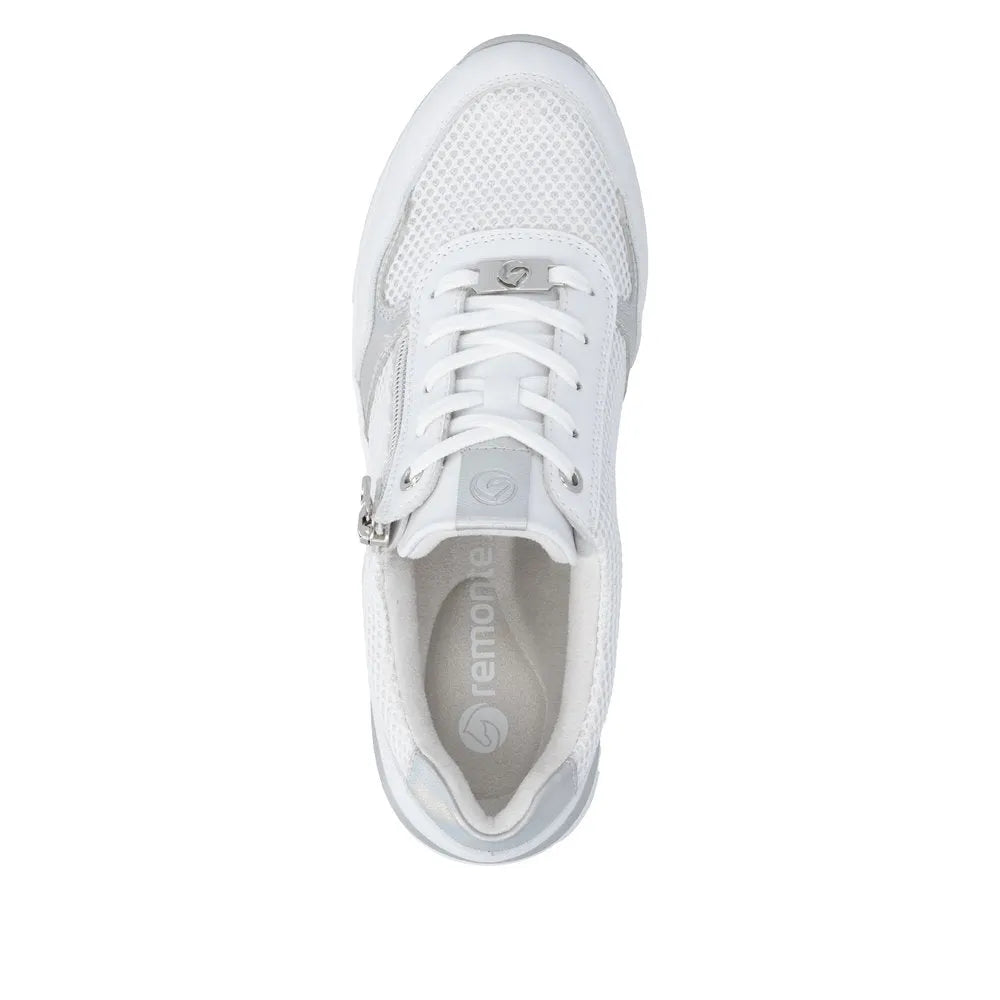White leather trainers with lace and zip-up front, mesh panels, chunky sole, and silver accents.