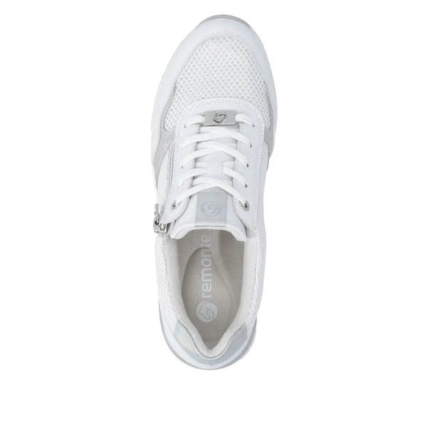 White leather trainers with lace and zip-up front, mesh panels, chunky sole, and silver accents.