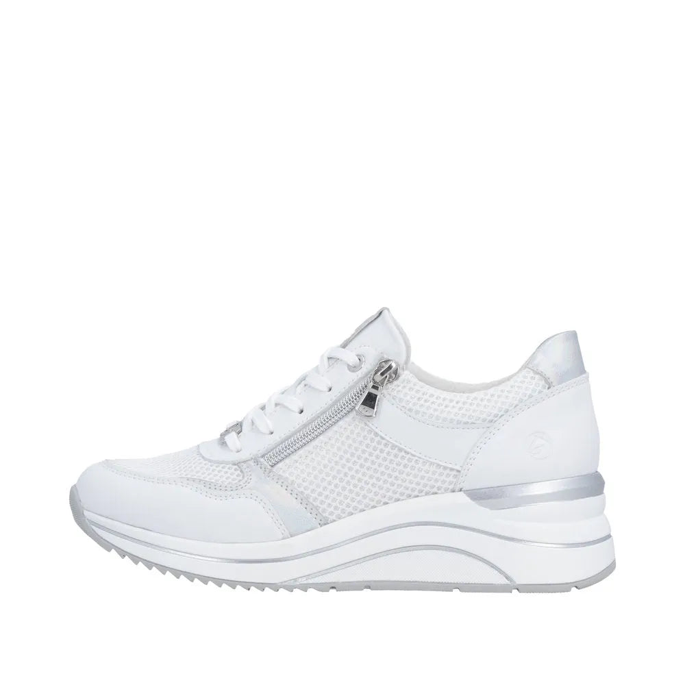 White leather women's wide trainers with zip, lace-up detail, mesh panels, and a chunky, layered sole.