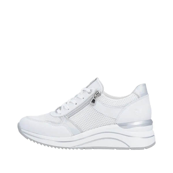 White leather women's wide trainers with zip, lace-up detail, mesh panels, and a chunky, layered sole.
