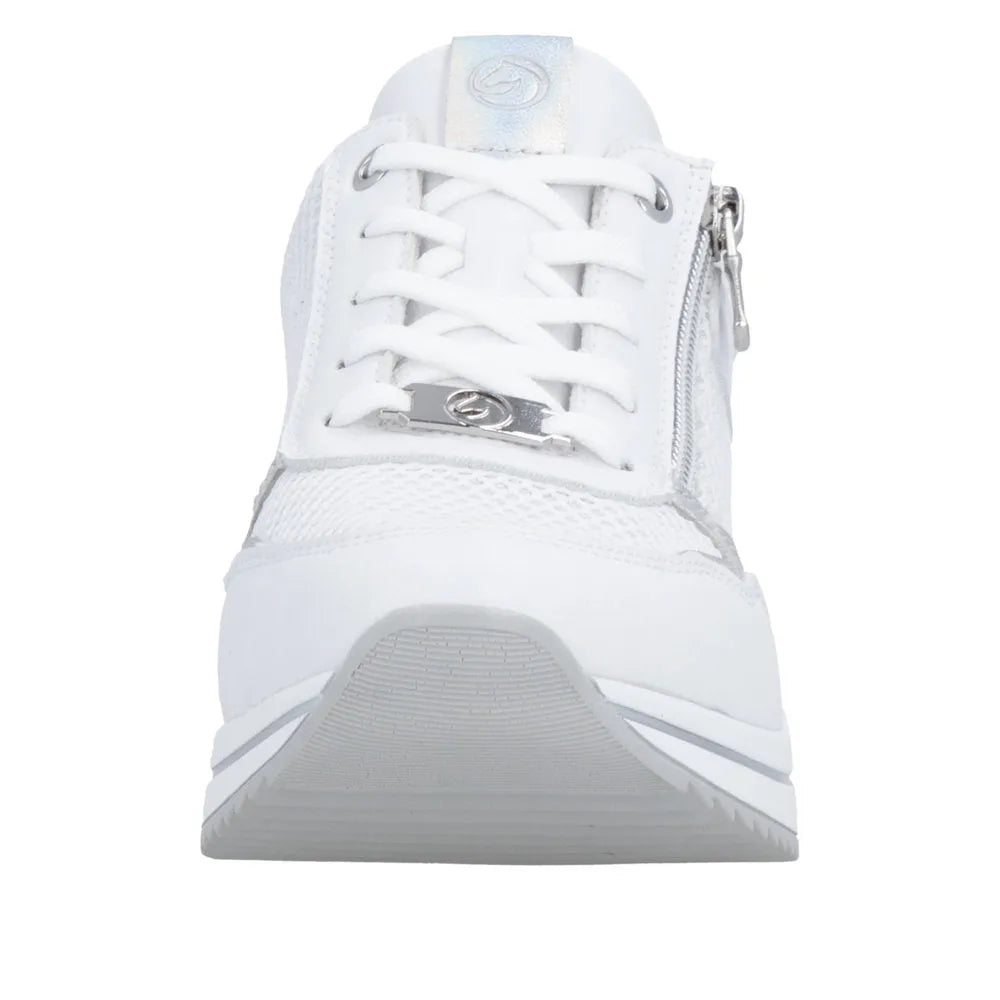 White leather women's trainers with lace-up front, side zipper, and metallic logo detail on tongue.