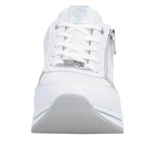 White leather women's trainers with lace-up front, side zipper, and metallic logo detail on tongue.