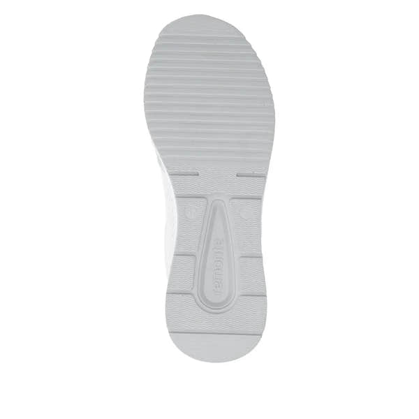 White leather women's trainers with zip and lace-up front, wide fit, textured sole, and "remonte" branding.