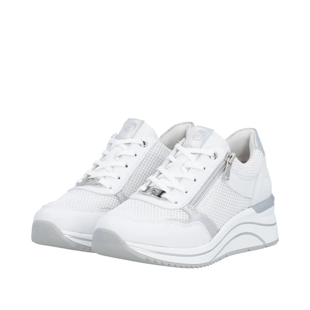 White leather trainers with lace and zip detail, featuring mesh panels and a stylish wedged sole.