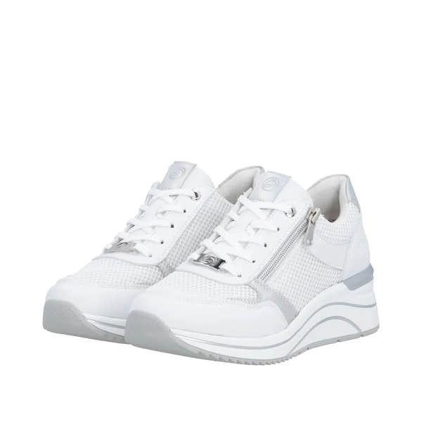 White leather trainers with lace and zip detail, featuring mesh panels and a stylish wedged sole.