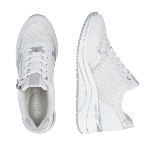 White leather women's trainers with zip and lace fastening, mesh panels, wide fit, and chunky soles.
