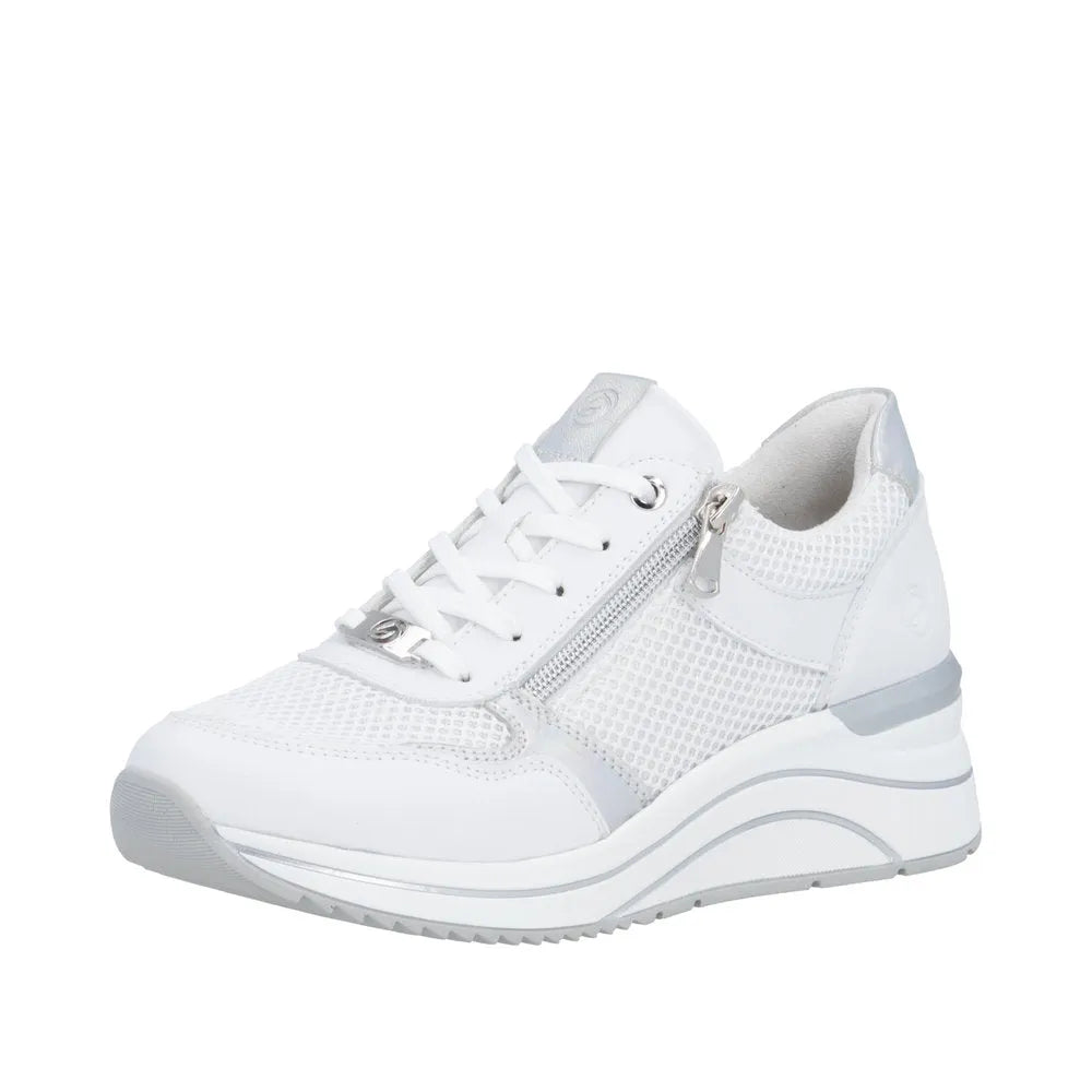 White leather and mesh trainers with a zip and lace closure, featuring a stylish wedge sole and silver accents.