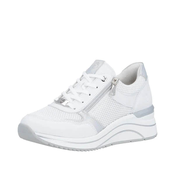 White leather and mesh trainers with a zip and lace closure, featuring a stylish wedge sole and silver accents.