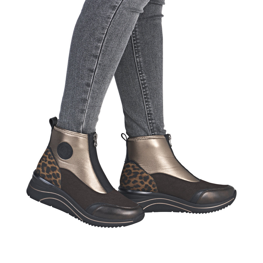 Remonte D0T78-90 women's wide-fit vegan ankle boots with metallic finish, front zipper, leopard print accents, and chunky sole.