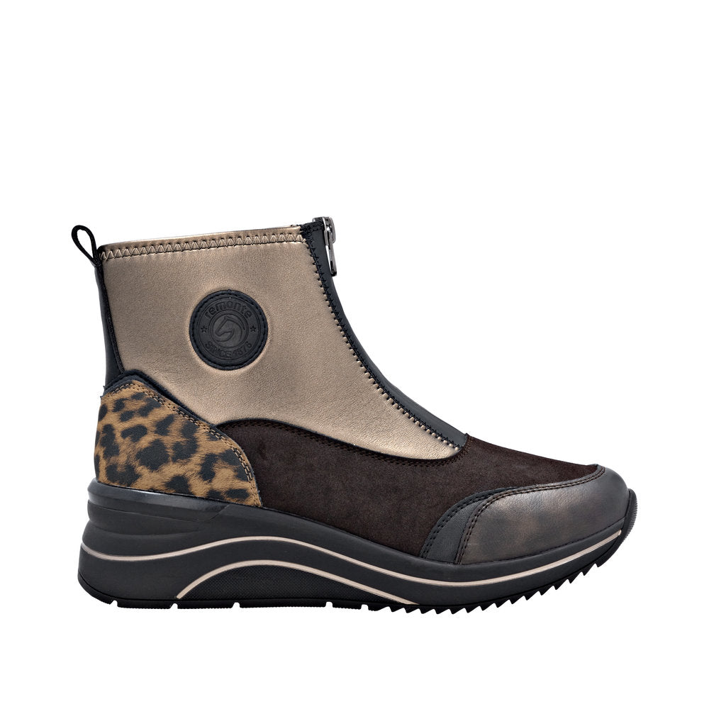 Remonte D0T78-90 women's wide-fit vegan metallic ankle boots with front zip, leopard print heel detail, and cushioned sole.